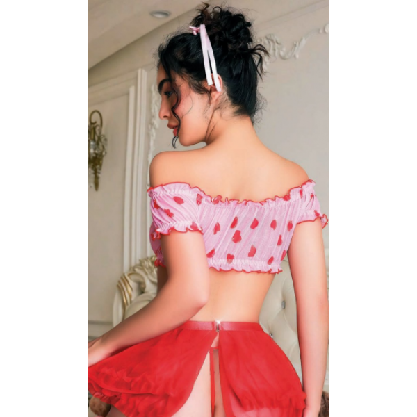 Arzu Sexshop Seksi Kırmızı Kalp Desenli Şık Pembe  Fantezi Kostüm