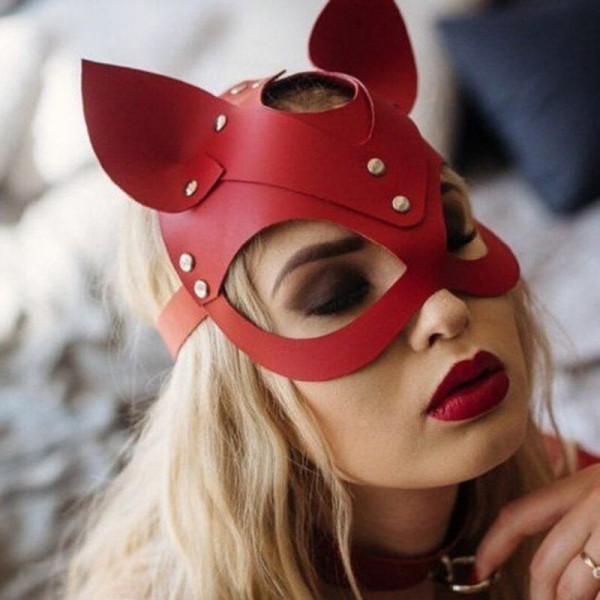 Deri Kırmızı Kedi Kız Sexsi Maske Fetis Shop